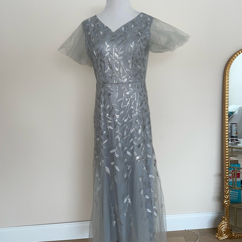 Elegant Silver Embroidered Evening Gown